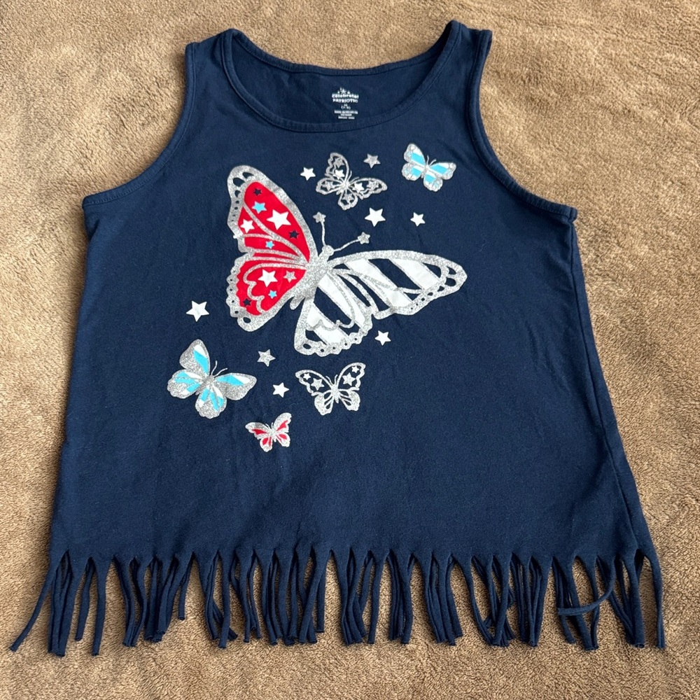 Navy Tank Top with Red White and Blue Patriotic Butterflies and Fringe Hem